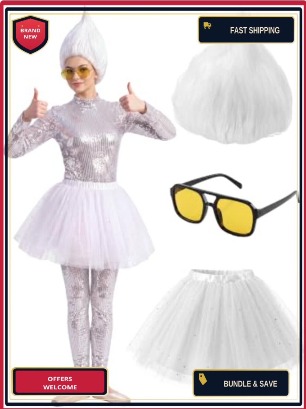Fairy Costume Accessories Set Fluffy Wig Yellow Glasses Glitter Tutu